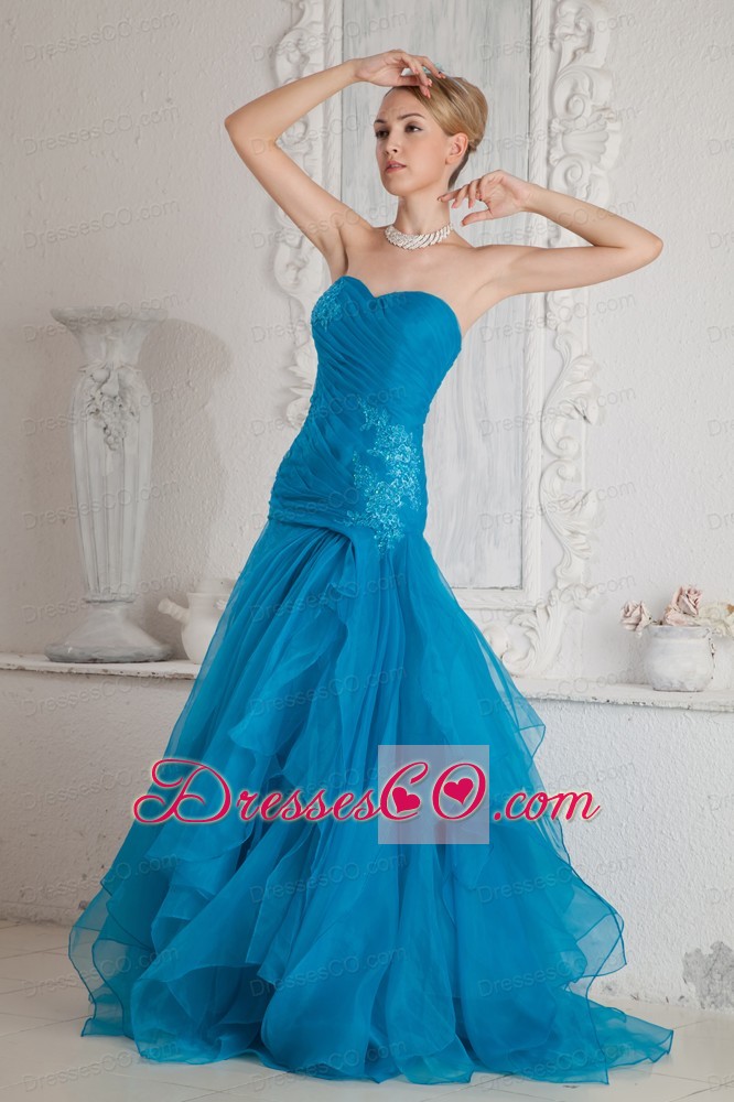 Low Price Teal Color Mermaid Prom Dress Brush Train Appliques