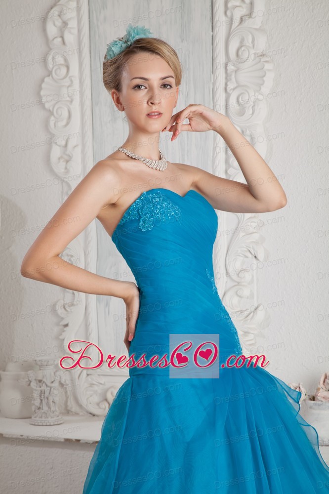 Low Price Teal Color Mermaid Prom Dress Brush Train Appliques