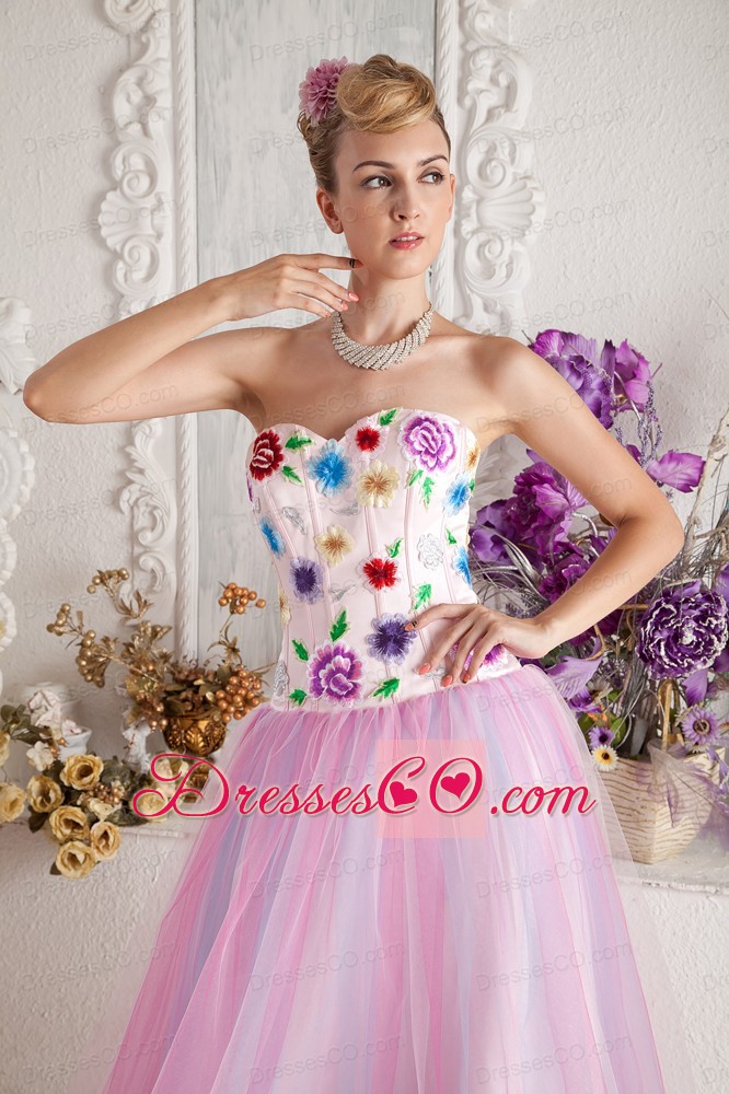 Baby Pink Prom Dress A-line Long Colorful Appliques