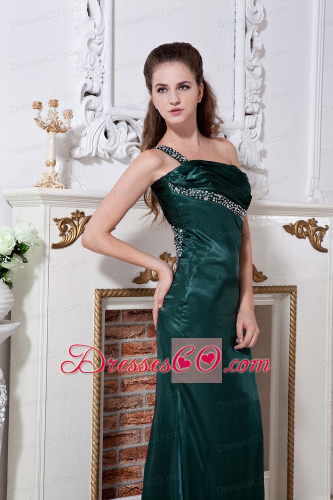 Hunter Green One Shoulder Prom Dress Long Satin Ruching And Beading