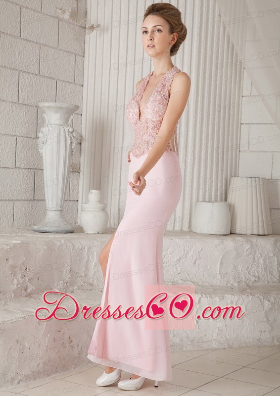 Pink Column V-neck Long Chiffon Appliques Prom / Evening Dress
