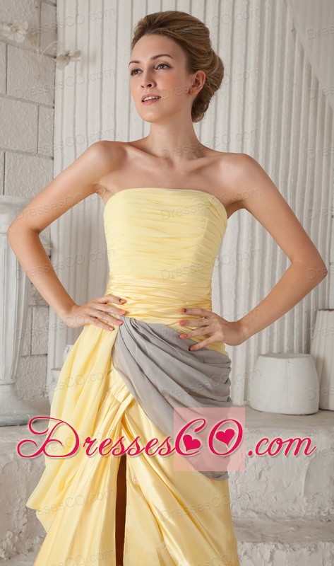 Yellow Empire Strapless Brush Train Elastic Woven Satin Ruching Prom / Celebrity Dress