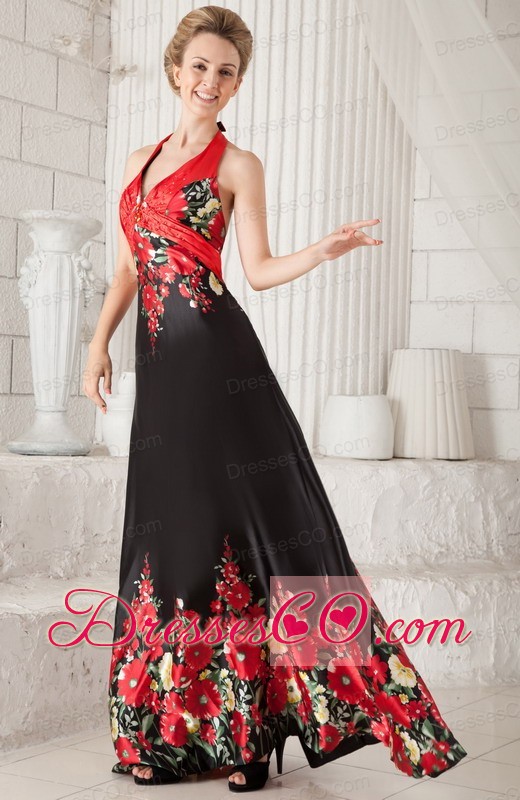Red and Black A-line / Princess Halter Brush Train Printing Beading Prom / Evening Dress