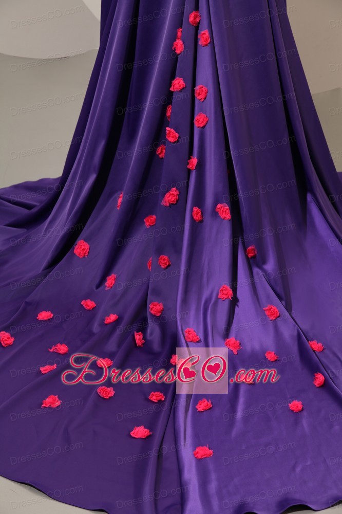 Unique Purple Column Prom Dress Chapel Train Elastic Woven Satin Hand Made Flowers