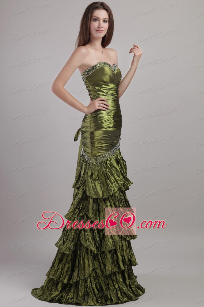 Olive Green Column Brush Train Taffeta Beading and Ruching Prom / Celebrity Dress