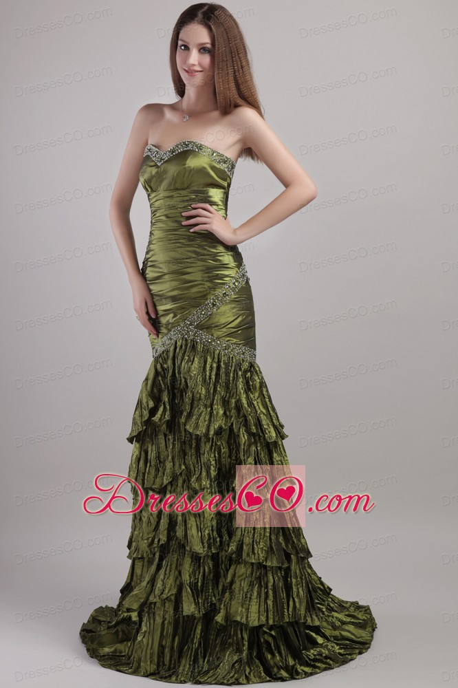 Olive Green Column Brush Train Taffeta Beading and Ruching Prom / Celebrity Dress