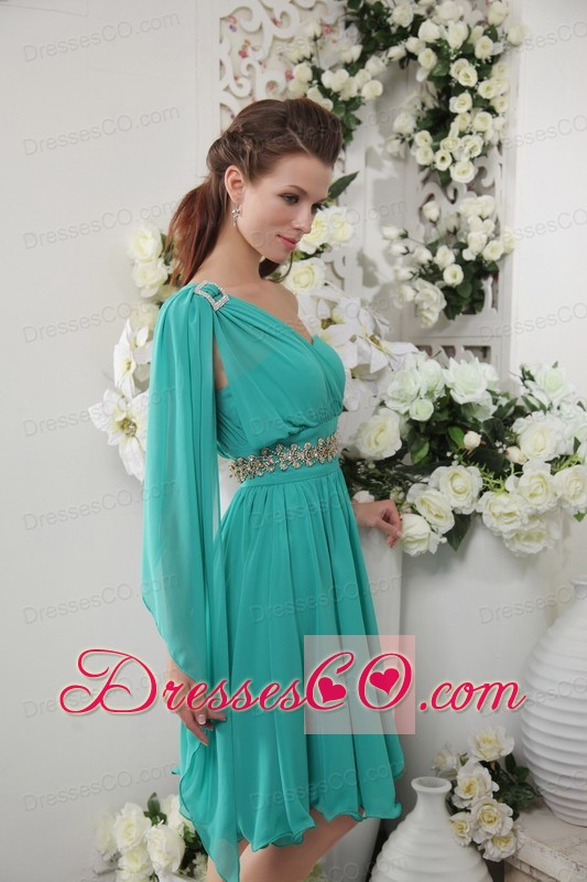 Turquoise Empire One Shoulder Knee-length Chiffon Beading Bridesmaid Dress