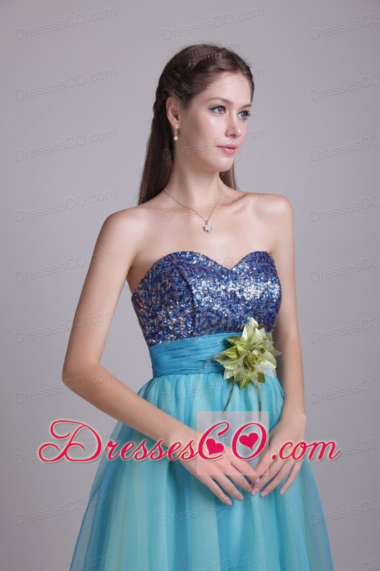 Baby Blue A-line / Princess Long Organza Hand-made Flower Prom Dress