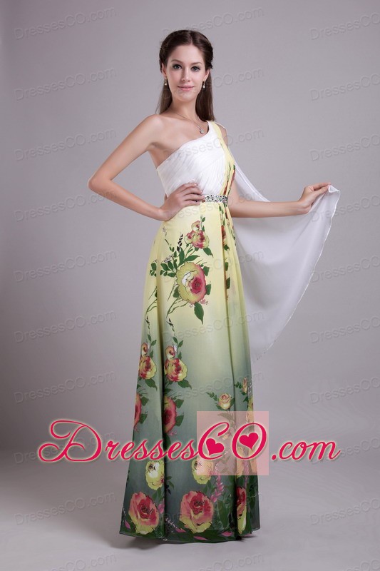 Exquisite Empire One Shoulder Wattetau Train Print Beading Prom Dress