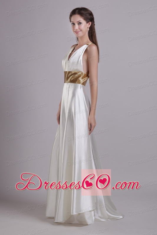 White Empire V-neck Long Taffeta Sash Prom / Evening Dress