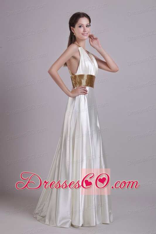 White Empire V-neck Long Taffeta Sash Prom / Evening Dress