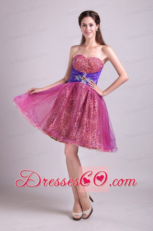 Fuchsia A-line Short Organza and Leopard Beading Prom / Homecoming Dress