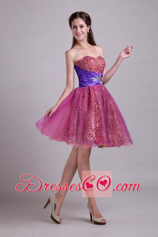 Fuchsia A-line Short Organza and Leopard Beading Prom / Homecoming Dress