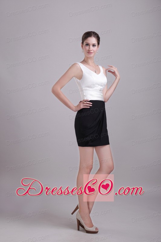 White And Black Column/sheath V-neck Mini-length Satin And Chiffon Beading Prom / Homecoming Dress