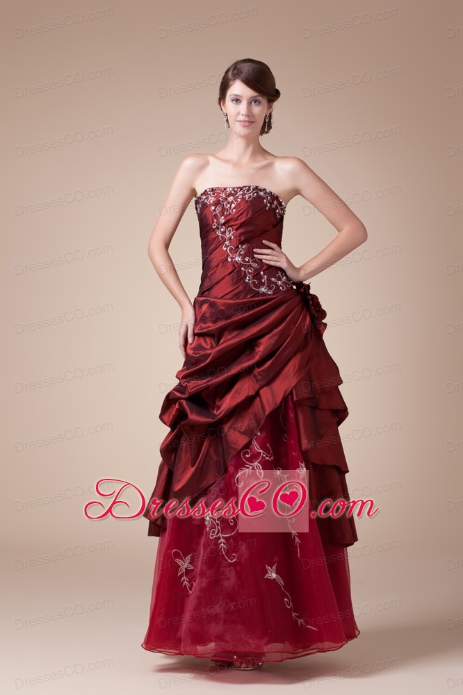 Wine Red Strapless Embroidery long A-line prom dress