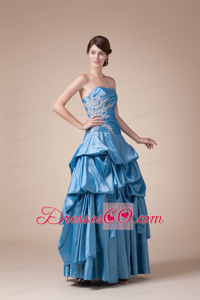 Teal Beading Pick-ups Long Strapless A-line Prom dress