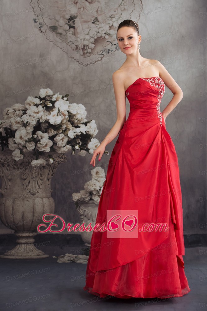 Red Appliques Strapless Long A-line Prom Dress