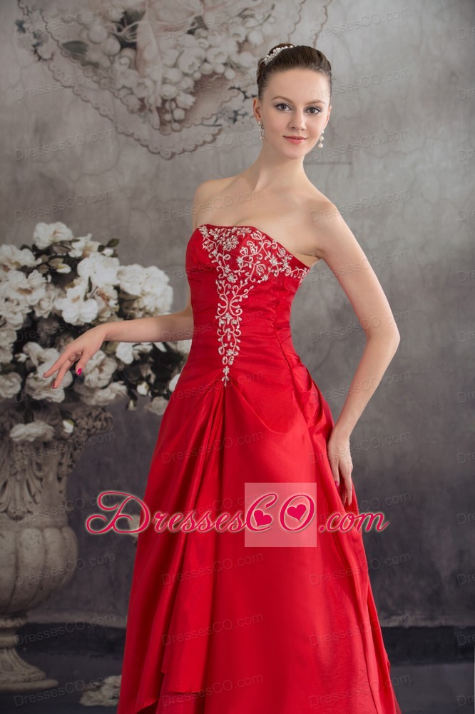 Red Appliques Strapless Long A-line Prom Dress