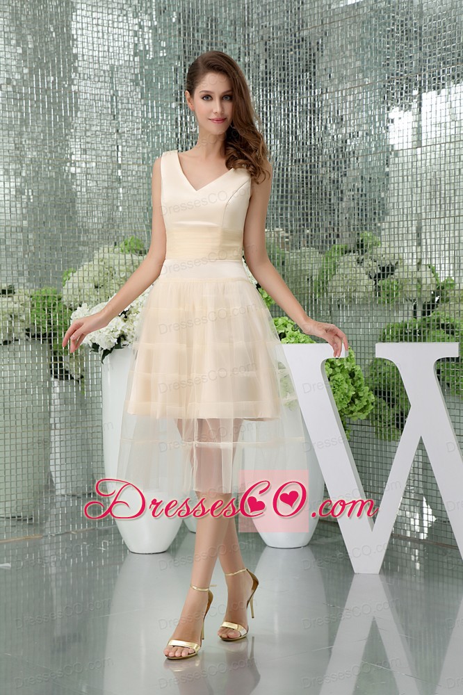 A-line V-neck Short Champagne Tulle Prom Dress
