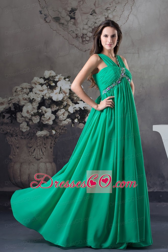 Clearance Beading and Ruching Empire Green long V-neck Prom Dress