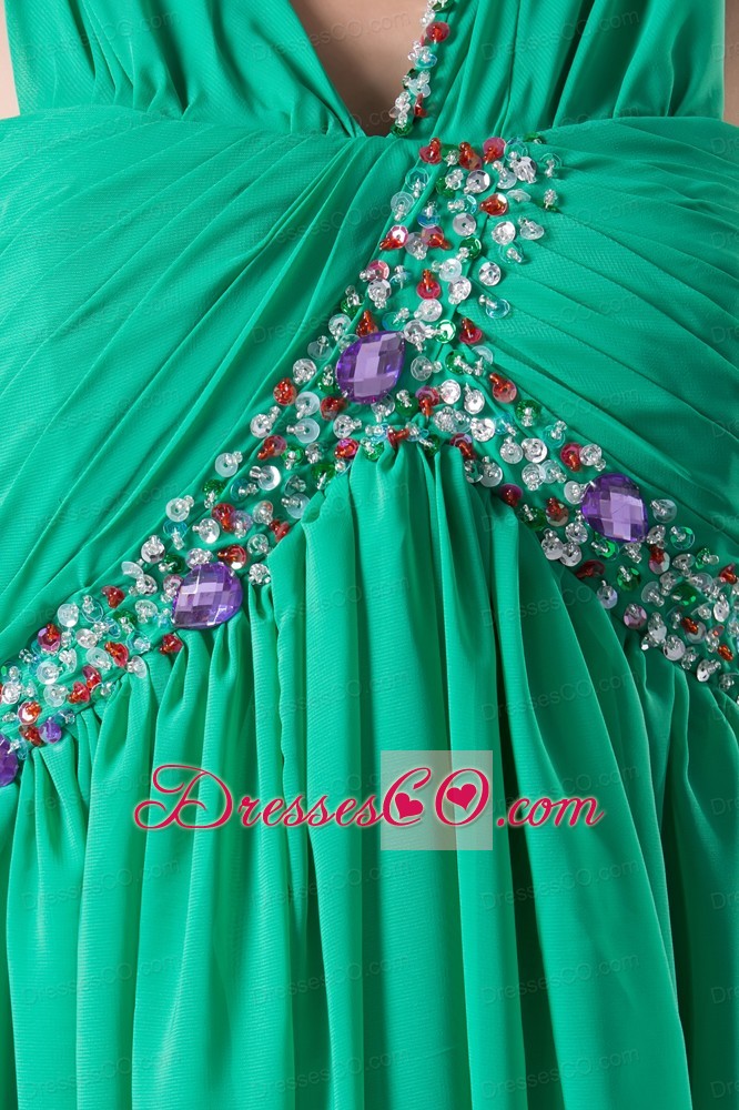 Clearance Beading and Ruching Empire Green long V-neck Prom Dress