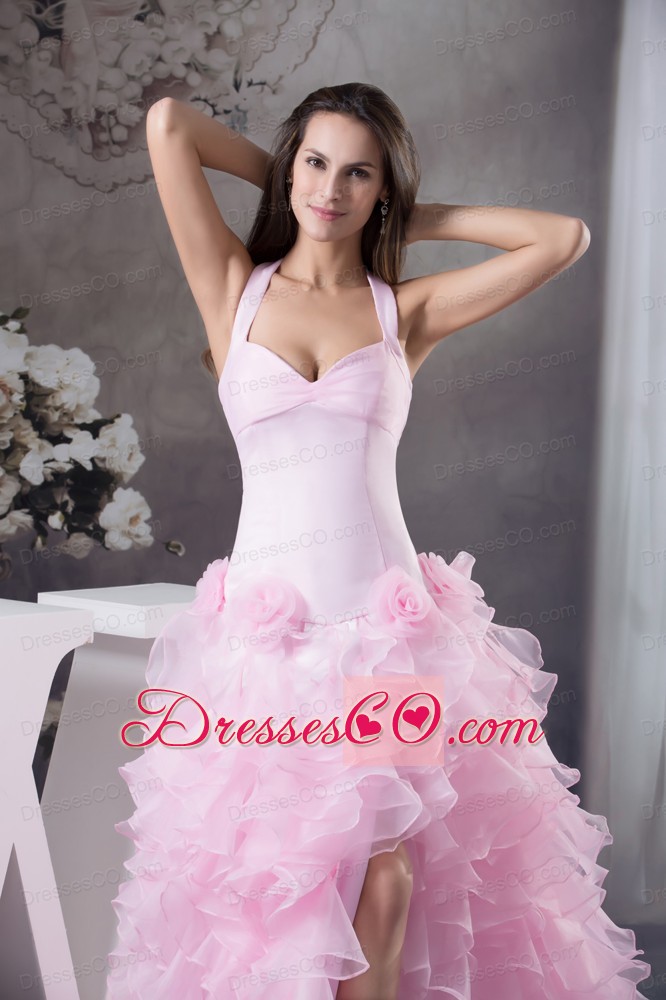 Beautiful Ruffles Halter Pink High-low Column Prom Dress
