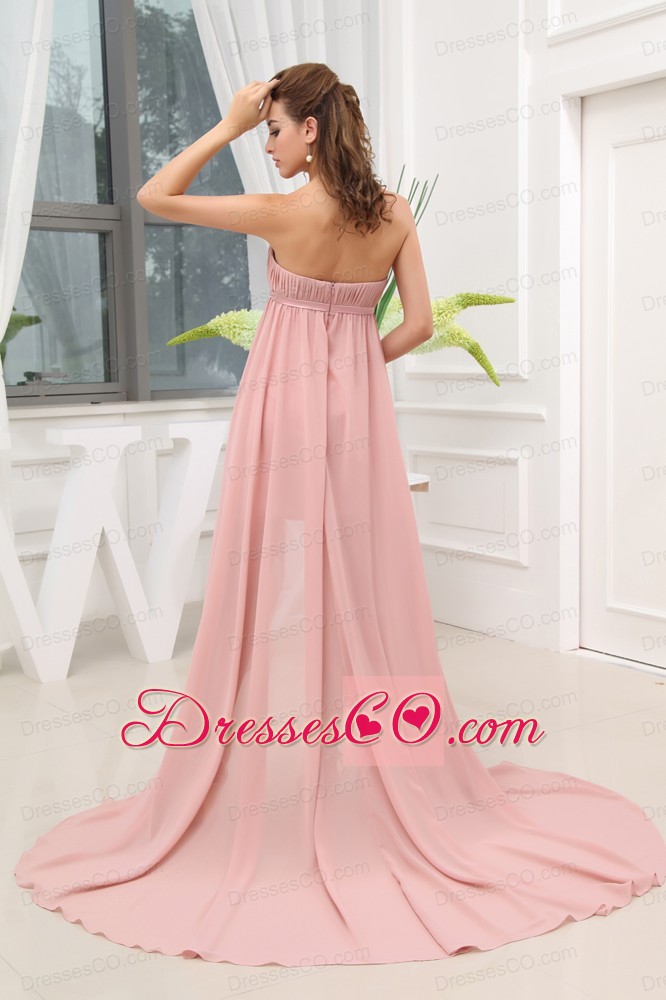Ruching High-low Strapless Sash Brush Train Prom Dress