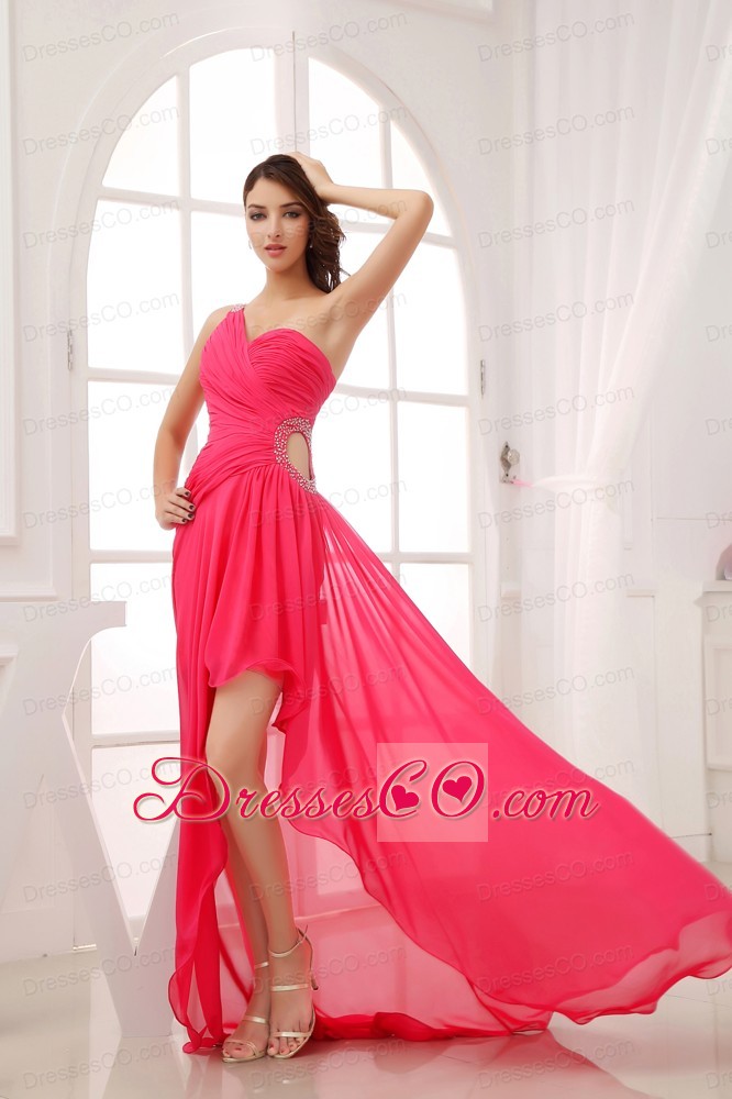 Beading Coral Red Empire High-low One Shoulder Prom Dress