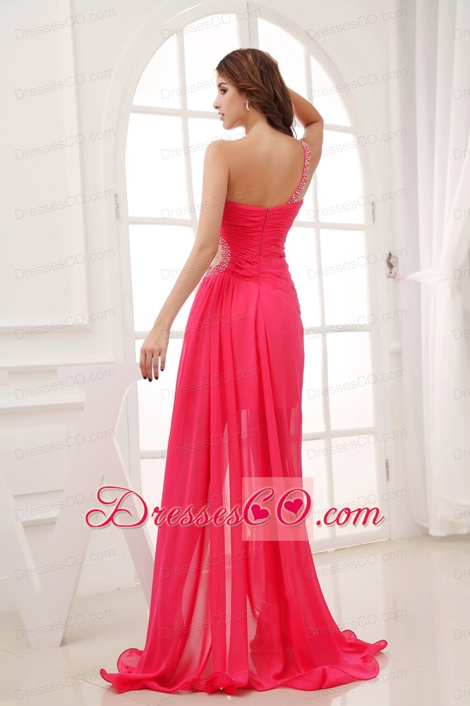 Beading Coral Red Empire High-low One Shoulder Prom Dress