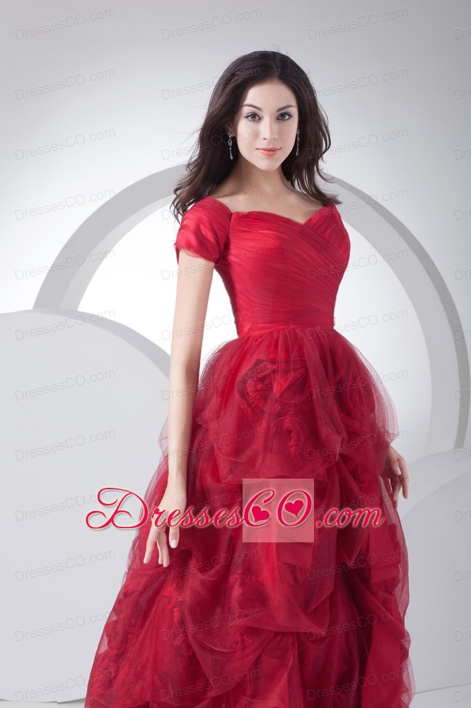 Wine Red Tulle Short Sleeves Hand Made Flowers Prom Dress