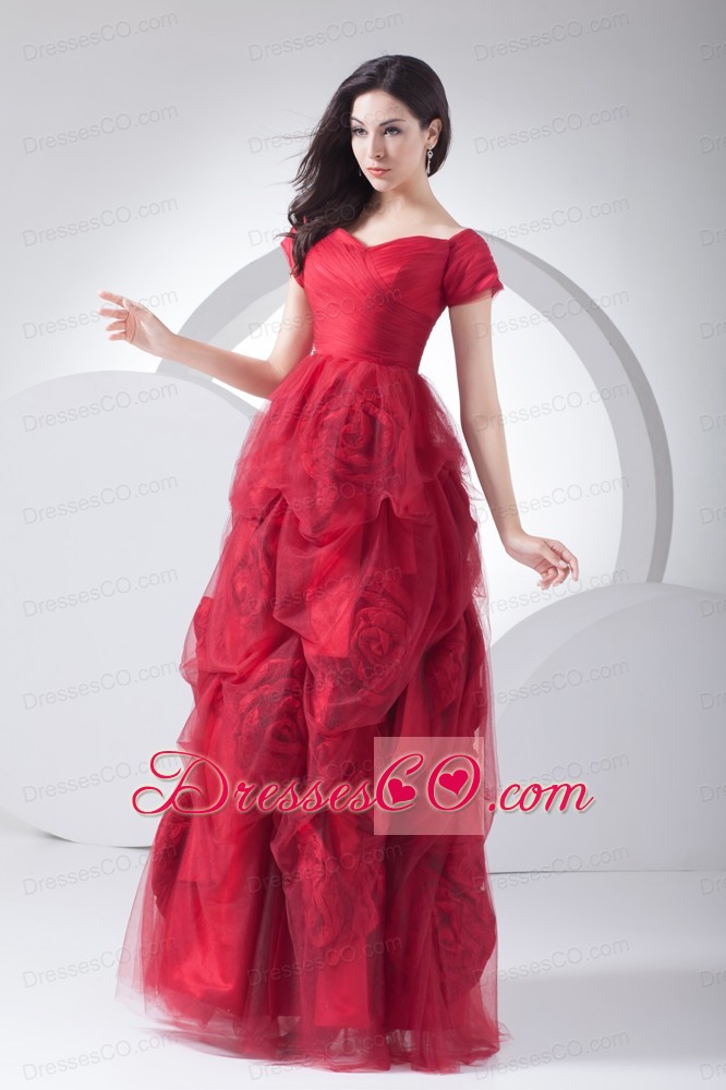 Wine Red Tulle Short Sleeves Hand Made Flowers Prom Dress
