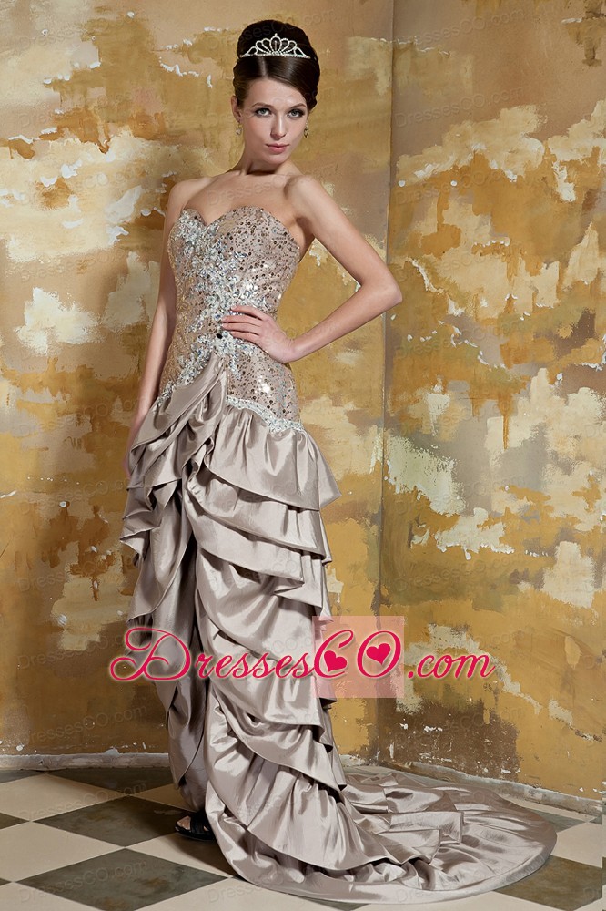 Brown Column High-low Taffeta and Sequin Beading Pageant Dress