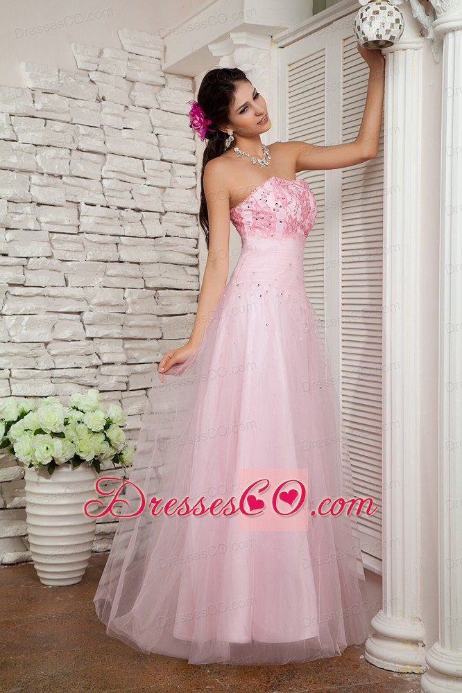 Beautiful Baby Pink A-line Strapless Prom / Evening Dress Tulle Beading Long