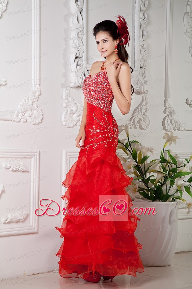 Red Mermaid Long Organza Beading Prom / Evening Dress
