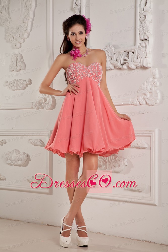 Watermelon A-line / Princess Mini-length Chiffon Beading Prom Dress
