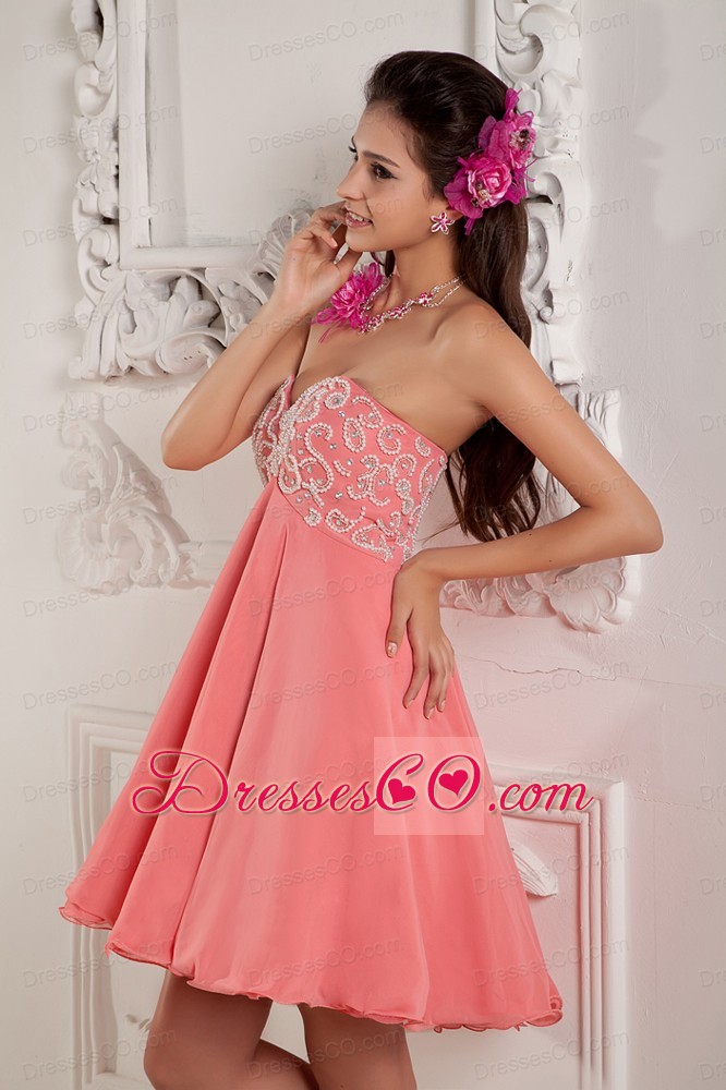 Watermelon A-line / Princess Mini-length Chiffon Beading Prom Dress