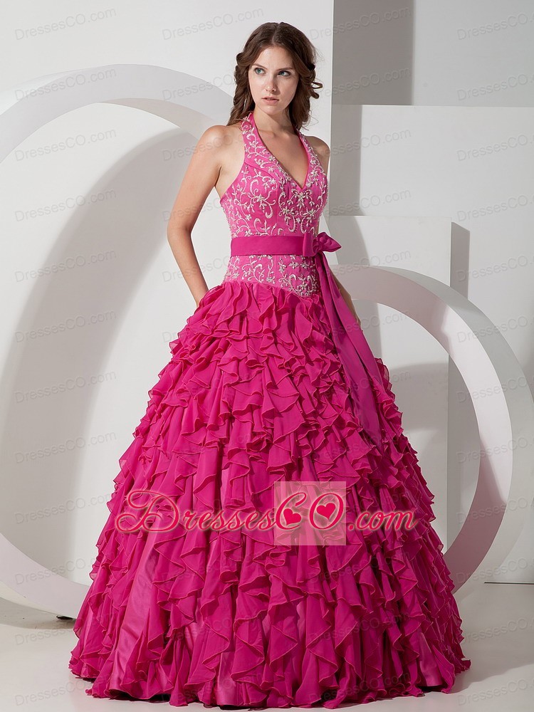 Hot Pink Ball Gown Halter Long Chiffon Embroidery Quinceanera Dress