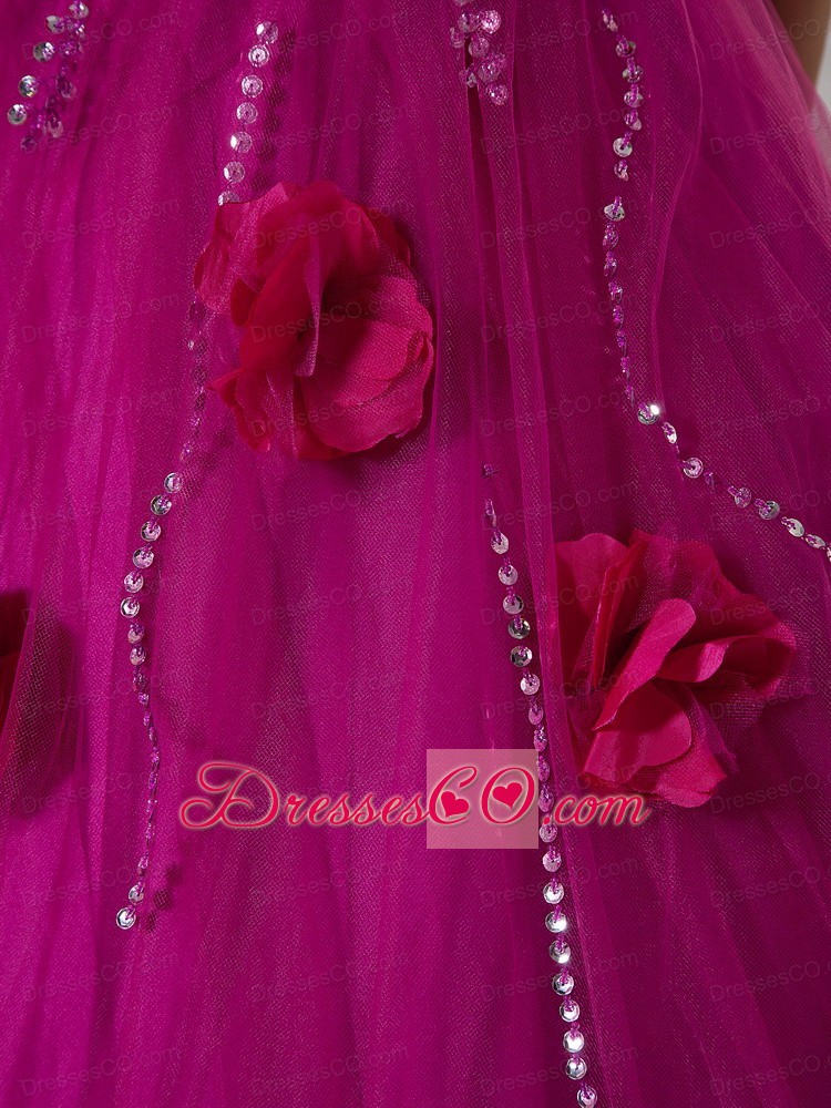 Fuchsia A-line Brush Train Tulle and Taffeta Hand Made Flowers Prom Dress