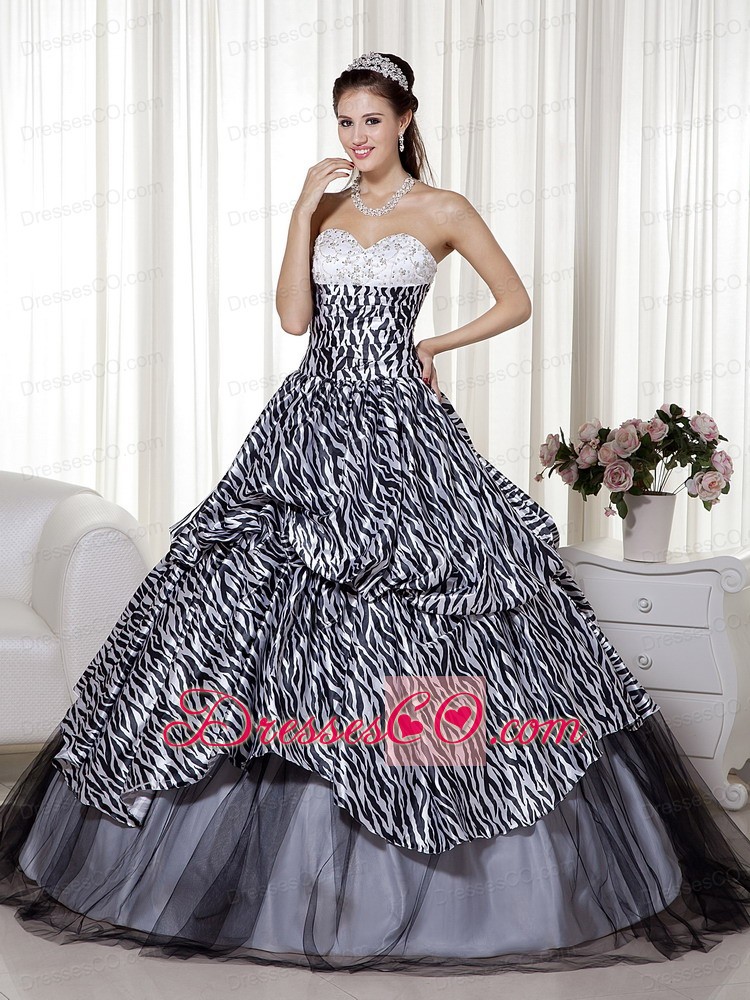 Luxurious A-line / Princess Long Zebra And Organza Beading And Ruching Quinceanera Dress