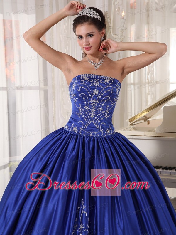 Blue Ball Gown Strapless Long Satin Embroidery Quinceanera Dress