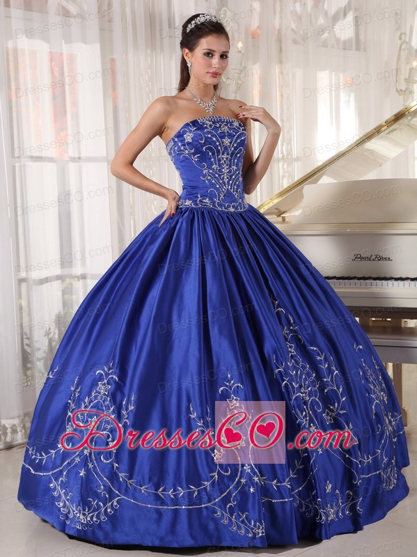 Blue Ball Gown Strapless Long Satin Embroidery Quinceanera Dress