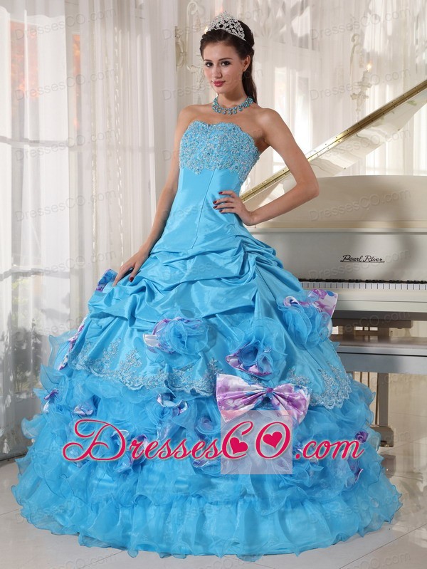 Aqua Ball Gown Strapless Long Organza And Taffeta Appliques Quinceanera Dress