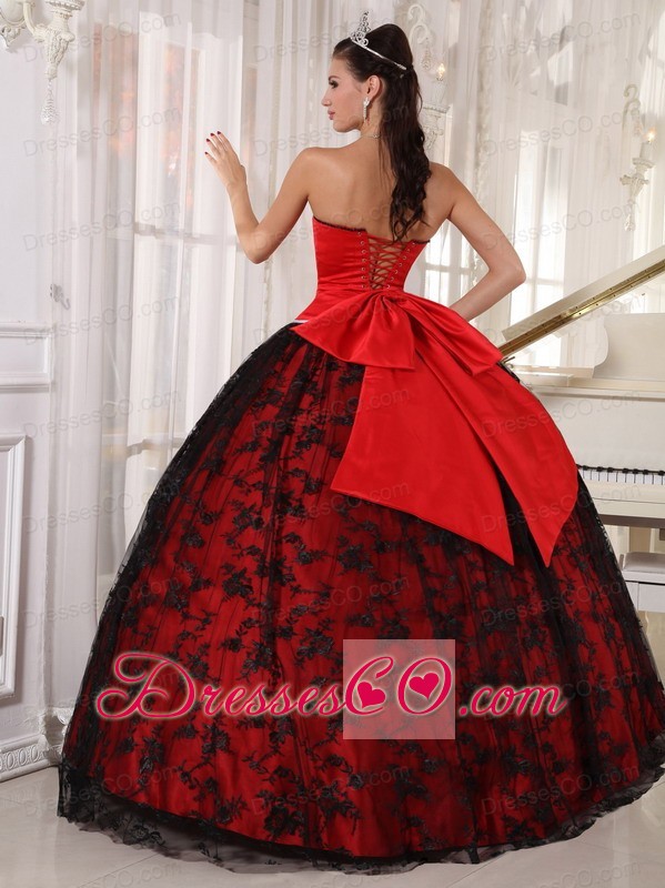 Red Ball Gown Long Tulle And Taffeta Lace Quinceanera Dress