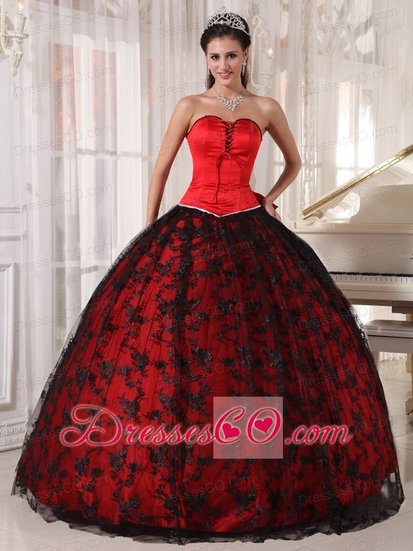 Red Ball Gown Long Tulle And Taffeta Lace Quinceanera Dress