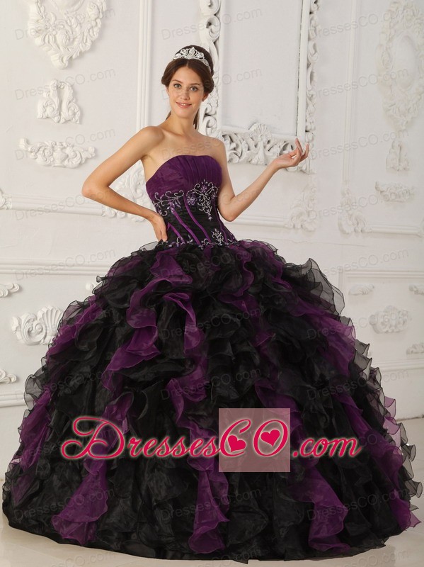 Purple And Black Ball Gown Strapless Long Taffeta And Organza Beading Quinceanera Dress