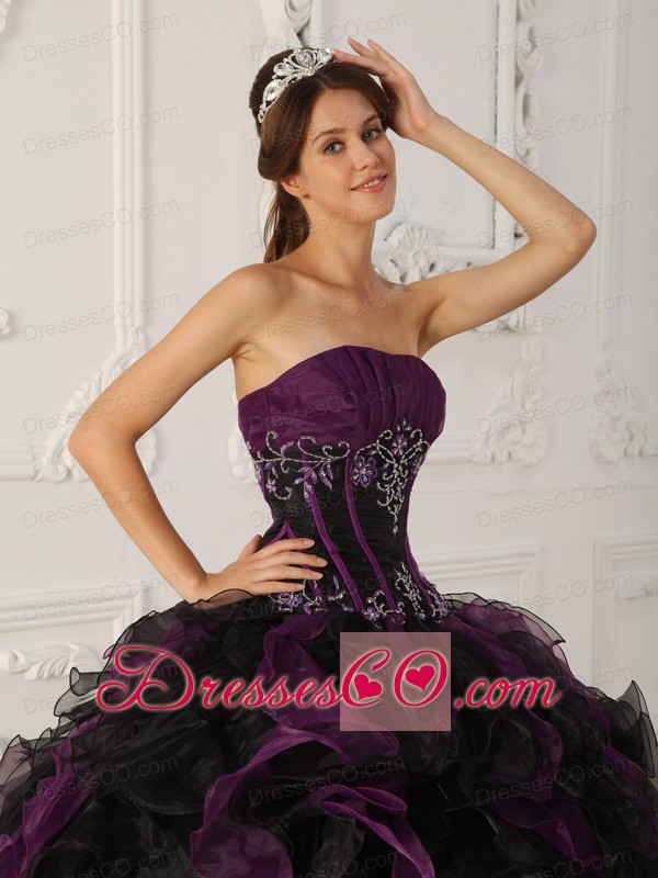 Purple And Black Ball Gown Strapless Long Taffeta And Organza Beading Quinceanera Dress