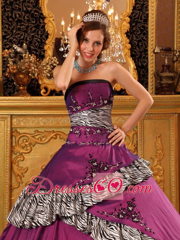 Fuchsia Ball Gown Strapless Long Taffeta Embroidery Quinceanera Dress