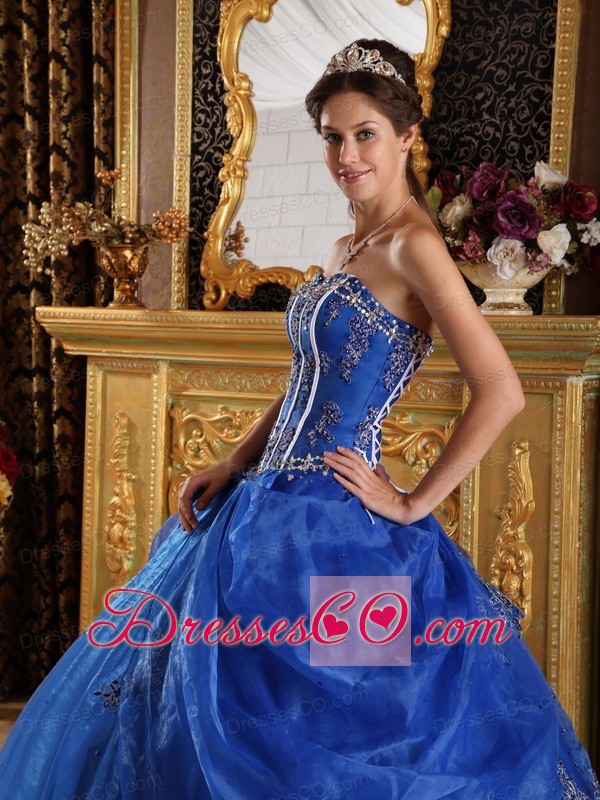 Royal Blue Ball Gown Long Appliques Organza Quinceanera Dress