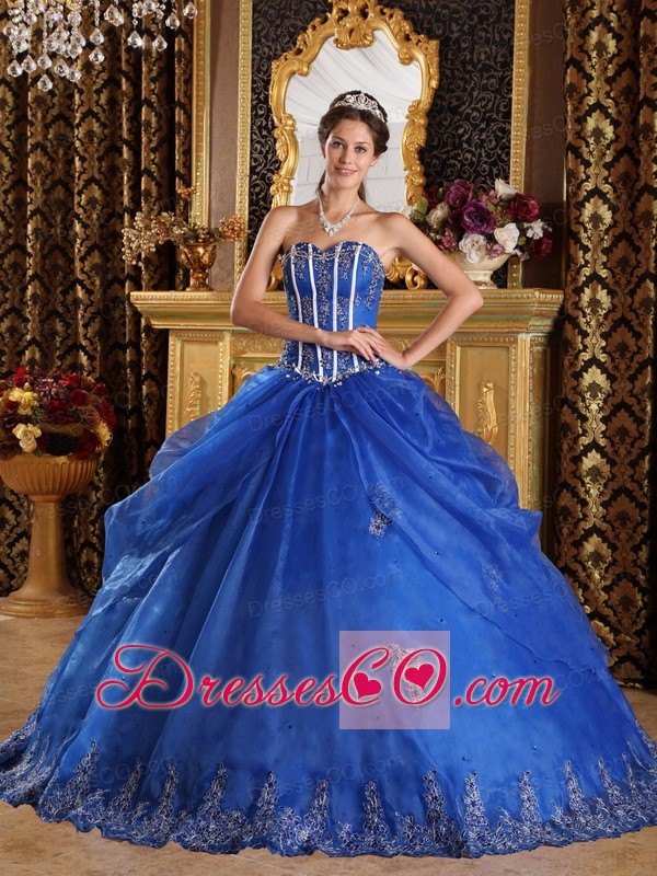 Royal Blue Ball Gown Long Appliques Organza Quinceanera Dress