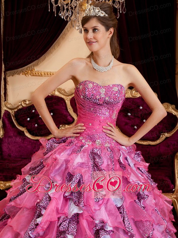 Hot Pink Ball Gown Long Beading Leopard And Organza Quinceanera Dress